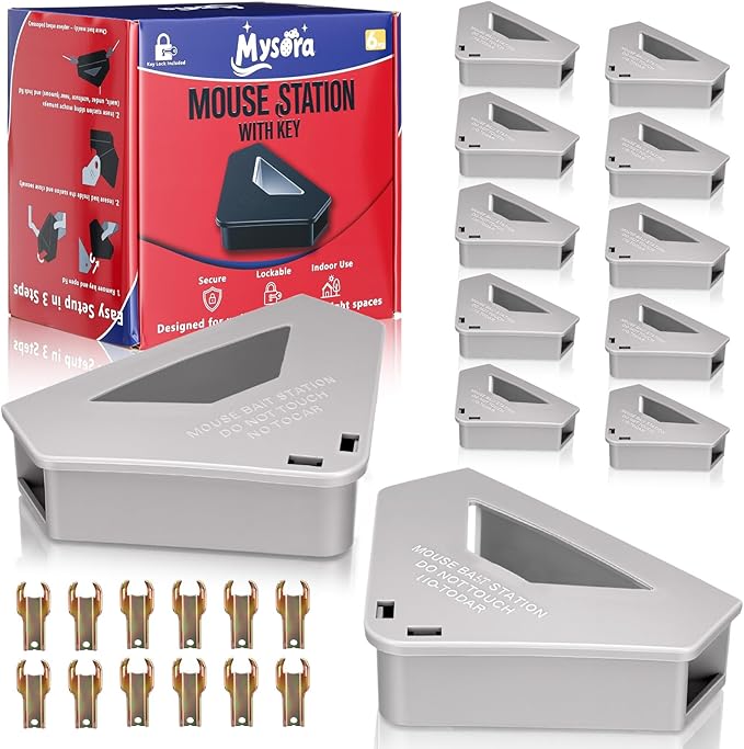12 Pack Mouse Bait Stations with Visible Window &amp Keys Lockable Rodent Control Boxes Triangular Mice Traps Box for Indoor Outdoor Corners Garage Kitchen Bait Not Included (Gray)