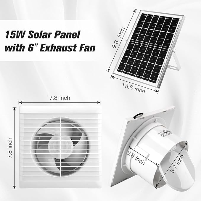 Solar Powered Exhaust Fan 15W Solar Panel + 6 Ventilation Vent Fan for Outside Greenhouse Chicken Coop Shed Pet House