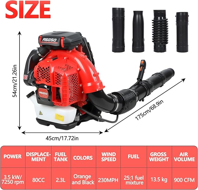 Backpack Leaf Blower 80CC 2-Stroke Gas Powered Leaf Blower with 900CFM/92.2m/s 3.5kw Professional Backpack Blower for Large Gardens Heavy Duty Red