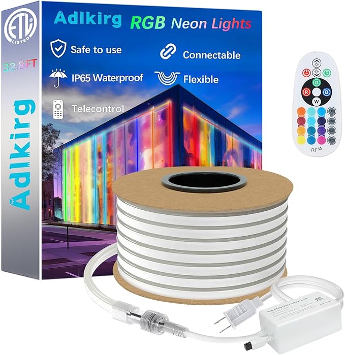 32.8ft RGB Neon Rope Light with Remote - Dimmable Waterproof LED Strip Lights for Indoor &amp Outdoor Premium Expandable Lighting to Create Vibrant Atmosphere in Bedroom KTV Bar Decor - ETL Certif