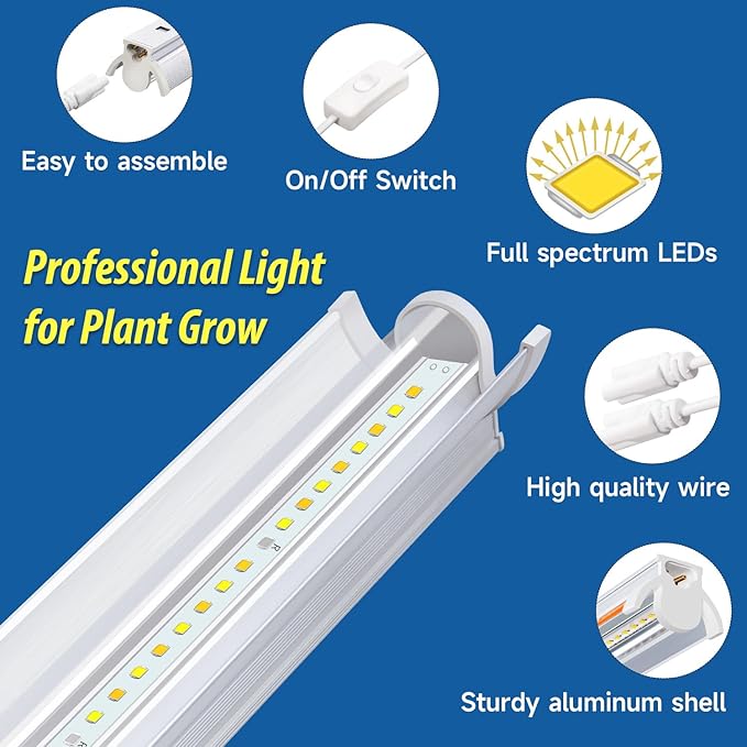 Plant Lights for Indoor Growing Seedlings - 16 in Long 4-Count (10W x4) Full Spectrum T5 Grow Light Bars for Seed Starting 4000K White LED Grow Lamp w/Reflectors for Shelf/Rack
