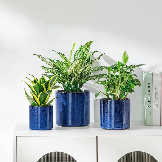 vancasso Ceramic Plant Pots 4.25+5.25+6.25 Inch Planter Pot with Drainage Hole Flower Pots for Indoor Outdoor Plants Set of 3 Blue