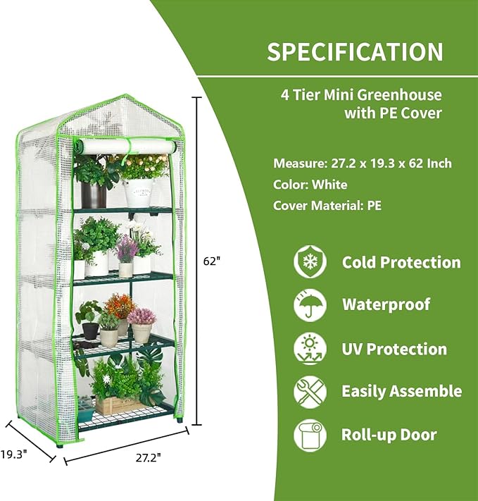 Mini Greenhouse for Indoor Outdoor Small Plants Green House with 4 Tier Shelves Portable Plastic Greenhouses with Durable PE Cover for Garden Backyard Patio Balcony Porch (White)