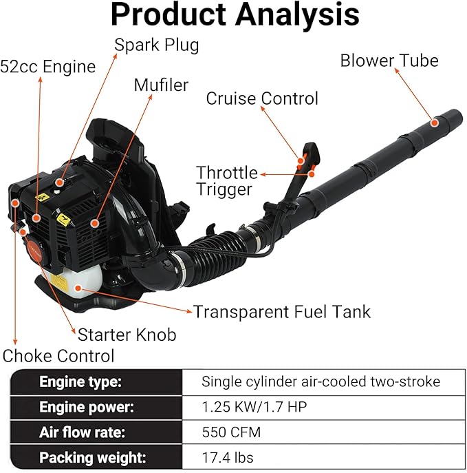 Backpack Leaf Blower 52CC 2-Stroke Gas Powered Leaf Blower 550CFM 1.25KW Air-Cooled Power Blower Snow Blower for Lawn Care Yard Dust Debris (Black)