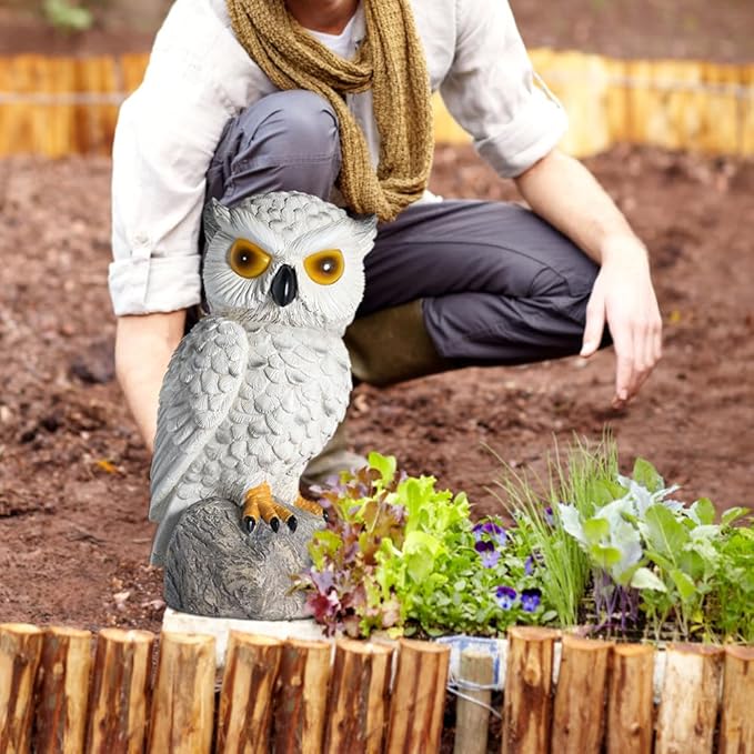 1 KINGO Fake Owl Decoy with LED Eyes &amp Ultrasonic Deterrent Scarecrow Owl Decoys to Scare Birds Away Bird Deterrents for Outside Solar Powered Bird Repellent Devices Outdoor Resin Garden Statu