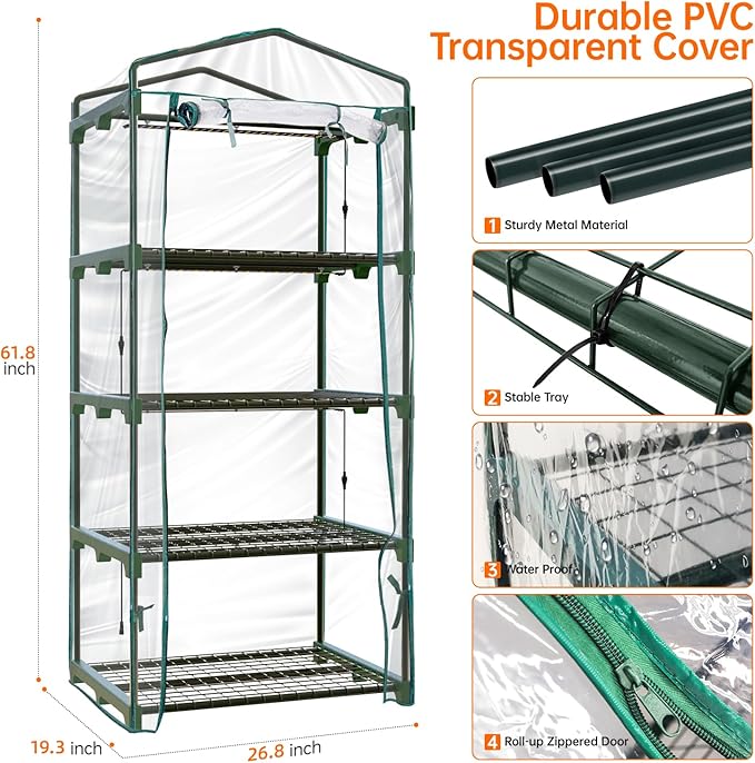 Bstrip Indoor Greenhouse with Grow Lights 4 Tier 27.2 L×19.9 W×61.8 H Mini Greenhouse with Zippered PVC Cover for Seed Starting Trays Dimmable 2FT 60W Plant Light for Indoor Plants with Timer