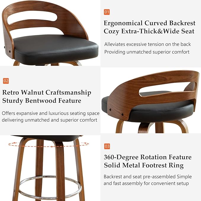 Counter Stools Set of 4 Counter Height Bar Stools with Walnut Crafts Bentwood Curved Back Upholstered Faux Leather Soft Cushion Seat Swivel Counter Chairs for Island/Pub (Black 26 Seat Height)