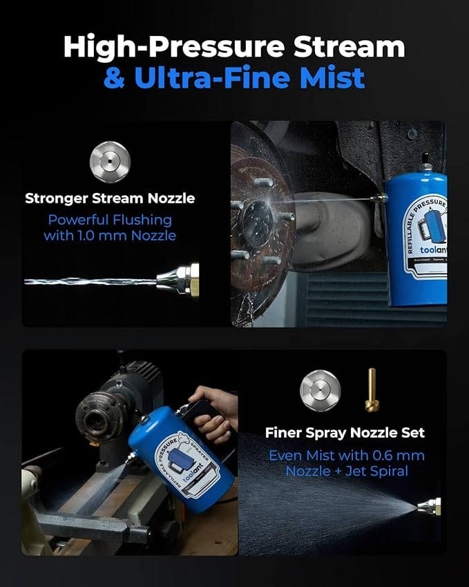 toolant 32oz Refillable Pressurized Sprayer Steel Canister Rust-Resistant Lining Needle Valve Leak-Resistant 1.0/0.6mm Nozzles Funnel Included 200 PSI Max for Brake Cleaner &amp Solvents Blue