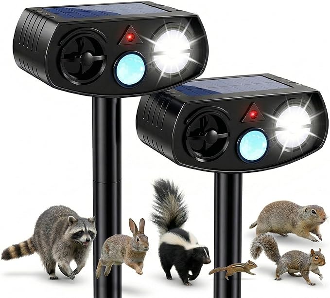 AWISH Solar Ultrasonic Animal Repeller Outdoor Motion Sensor Waterproof Pest Deterrent Raccoon Skunk Fox Squirrel Gopher Rabbit Dog Repellent for Yard Garden Farm 40ft 120° Coverage 2 Pack Black