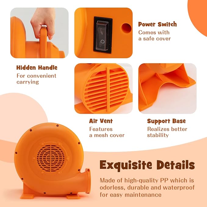 Costzon Air Blower 380W 0.5HP Bounce House Blower with 25 FT SJTW Wire &amp Stakes IPX4 Air Blower for Inflatables ETL GFCI Plug Perfect for Inflatable Bouncer Blower Jumper Bouncy Castle Oran
