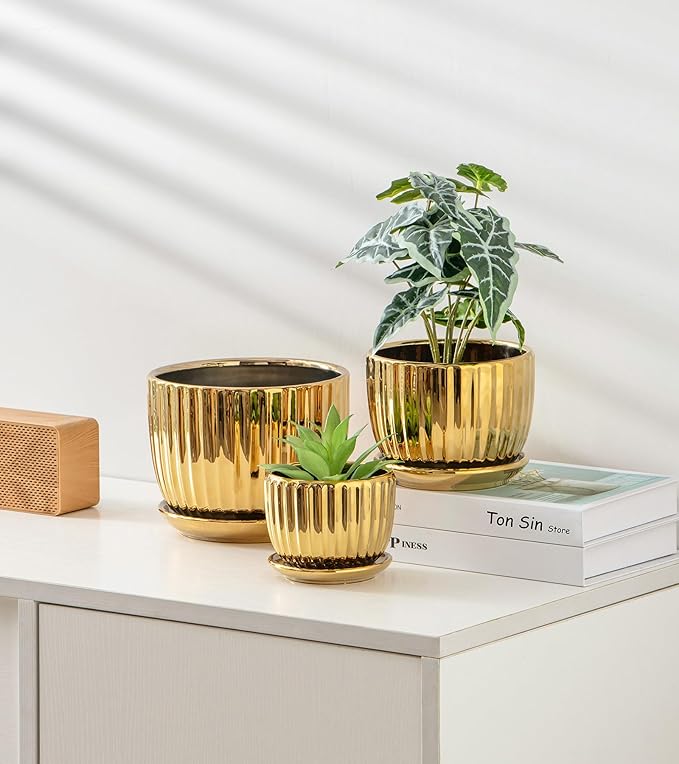 Ton Sin Gold Plant Pots4.1+5.1+6.5 Inch Ceramic Succulent Planters Set of 3 Mini Indoor Flower Pot with DrainageHandmade Decorative Ceramic Orchid and Herb Pots(Gold)