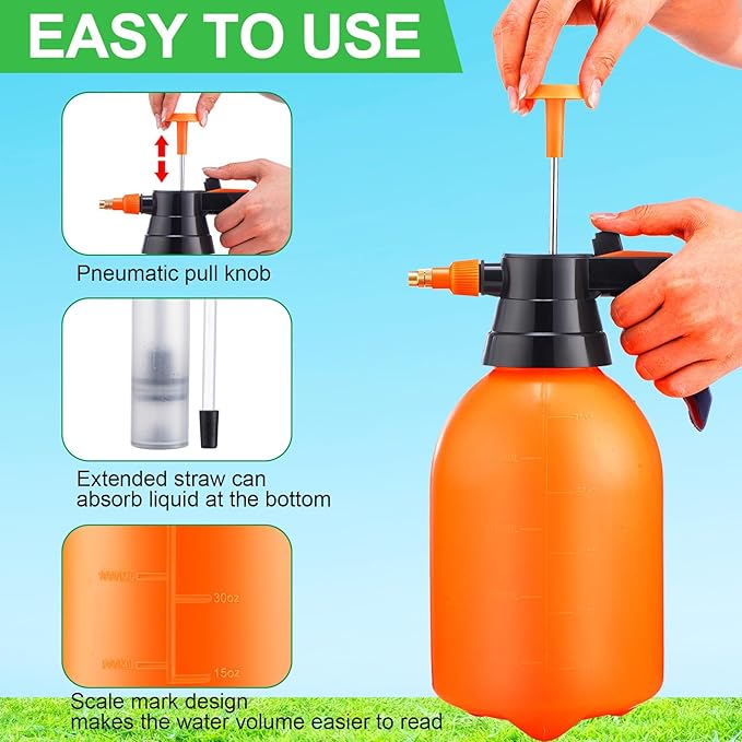 Nuogo 3 Pcs Handheld Pump Sprayer 2L Manual Garden Pressure Sprayer Pump Spray Bottle with Adjustable Brass Nozzle for Lawn Plants Weeds Spraying Watering(Orange)