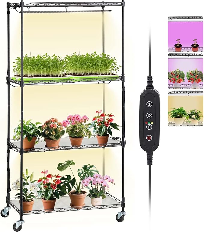 VEVOR Plant Stand with Grow Light 4-Tier Plant Shelfwith 45W Full Spectrum LED 3 Mode Plant Light with Timer and Wheel for Seed Starting Metal Plant Rack for Indoor Plants