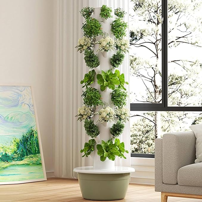 Aeroponic Tower Garden(5/7/9 Floors) Hydroponic Growing System Garden Tower LED Light+Water Pump+adapters for Herbs Fruits and Vegetables7Layer