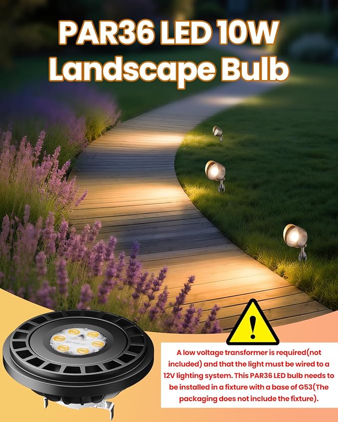 Cheopha PAR36 LED Landscape Bulb 12V Low Voltage Landscape Spotlight 10W Equivalent 35W 50W 60W Halogen IP67 Waterproof for Outdoor Well Light RV Off-Road Vehicle Tractor 5000K Cool White Pack of 2
