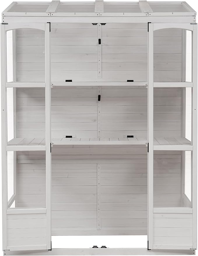 Polibi Wooden Greenhouse Cold Frame Portable Greenhouse with 2 Folding Middle Shelves and 4 Independent Skylights for Indoor Outdoor Patio Balcony Garden 57.9 Lx29.1 Wx78.1 H White