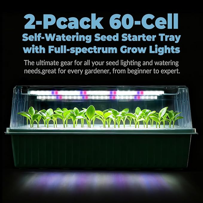 120-Cell Self-Watering Seed Starter Tray with Grow Light2 Sets of 60-Cell Seed Starter Kit with Tall Humidity DomeIndoor Seedling Starting Germination Kit with 4 Full-spectrum Growing Light Tubes