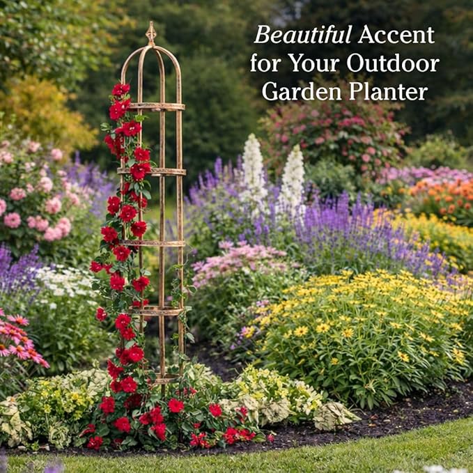 Plow &amp Hearth Metal Garden Plant Obelisk | Indoor &amp Outdoor Safe | Powder-Coated Steel Cast Iron Finial | Trellis for Climbing Planters | Stamped Floral Pattern | 14 Dia. x 8'H (Antique Coppe