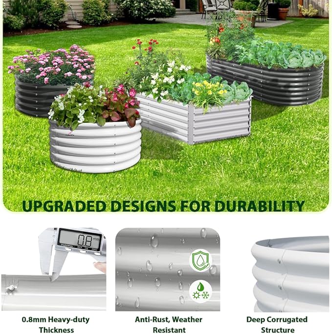 A ANLEOLIFE 12X3X1.5 ft Galvanized Raised Garden Beds Outdoor Oval Extra Large Metal Planter Box for Planting Vegetables Flowers Herb Anti-Rust &amp Easy-Setup Antique White