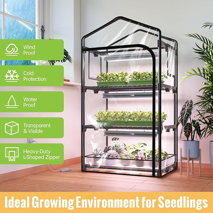 Indoor Greenhouse with Grow Light 3-Tier Plant Stand with PVC Tent Ventilation Window Bottom Pouch 20W Full Spectrum Grow Light with Timer for Seed Starting 27 L x 19 W x 49 H