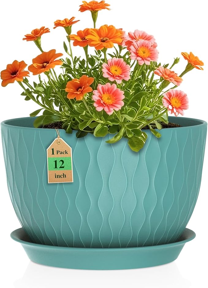 12 Inch Large Plant Pots for Indoor or Outdoor Plants Wide Water Ripples Flower Pots with Drainage Holes &amp Saucer Plastic Planters Set for Garden &amp Home Decor (Blue Green)