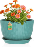 12 Inch Large Plant Pots for Indoor or Outdoor Plants Wide Water Ripples Flower Pots with Drainage Holes &amp Saucer Plastic Planters Set for Garden &amp Home Decor (Blue Green)