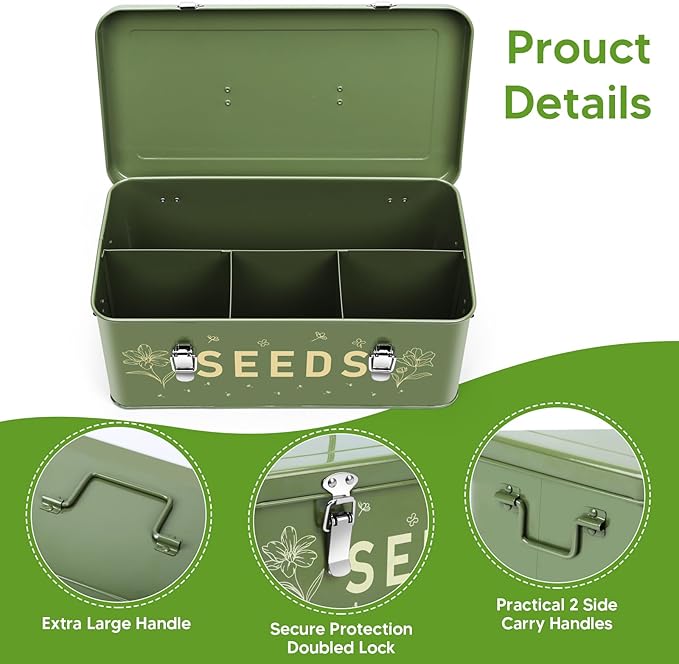Seed Storage Organizer Box with 4 Compartments Metal Seed Saving Box with Lockable Lid &amp Safety Locks Includes 50 Seed Envelopes 100 Plant Labels 50 Clips &amp Marker (olive green)