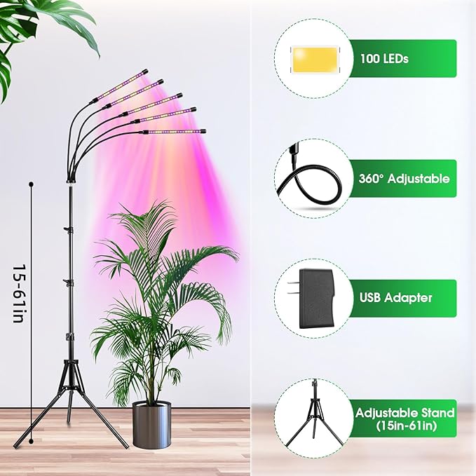 Wolezek Grow Lights for Indoor Plants 100 LEDs Full Spectrum Plant Lights for Indoor Growing with Adjustable Stand 5-Heads Grow Lamp with Auto 6/12/16H Timer 3 Light Modes 5 Levels Dimmable