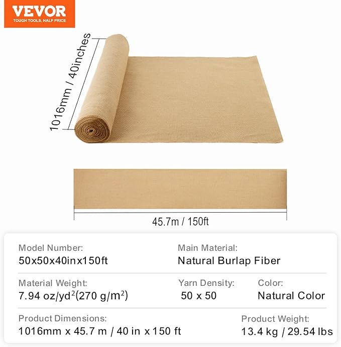 VEVOR Burlap Fabric Roll 40” x 150 ft &amp 45 x 45 High Density Wide Natural Burlap Fabric Rolls Jute Fabric Burlap Tree Wrap Roll for Decor Crafts Wedding Gardening Plant &amp Tree Winter Co