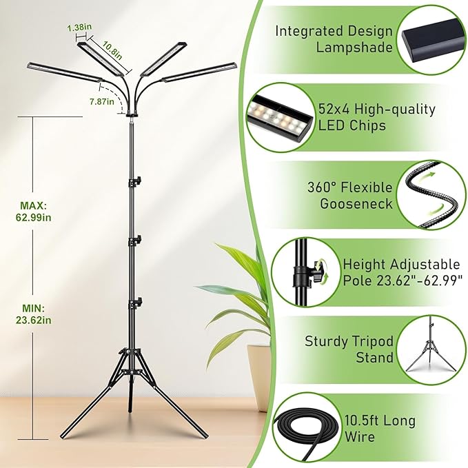 FOXGARDEN Grow Lights for Indoor Plants Full Spectrum with Tripod Stand Tall Grow Lights for Indoor Growing with Flexible Gooseneck Four-Head Plant Light with 4/8/12H Timer &amp 4 Brightness Levels