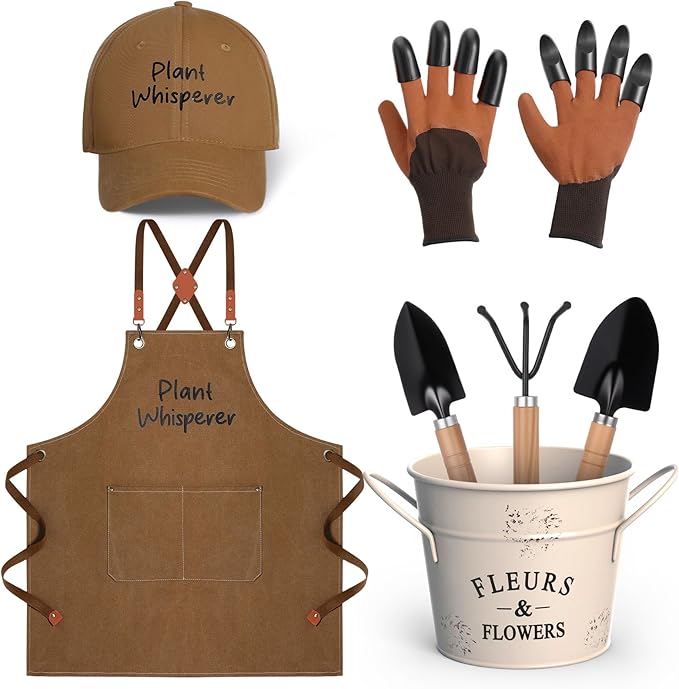 Tarpop Garden Tool Set Christmas Plant Whisperer Gardening Gifts for Women 7 Pcs Vegetable Planting Tool Kit Cap Canvas Apron Gloves Soil Scoop Transplant Trowel Cultivator Flower Tub(Brown)