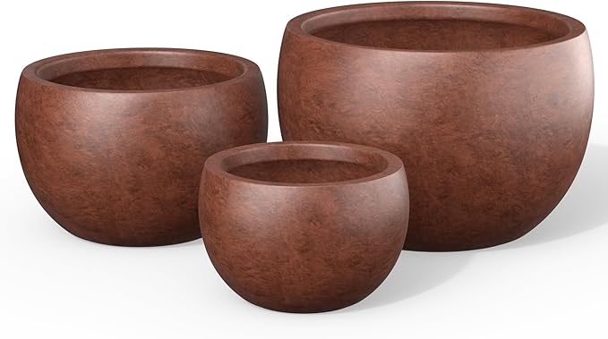 Kante 19.915.711.8 Dia Round Concrete Planter Set of 3 Outdoor/Indoor Large Bowl Plant Pots with Drainage Hole and Rubber Plug for Garden Patio Balcony Home Rusty