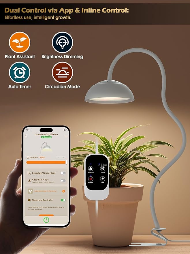 GLOWRIUM Smart Grow Lights for Indoor Plants10W Full Spectrum LED Plant Light with 3/9/12 Timer10 Dimmable LevelsHeight Adjustable Grow Light with Base (White)