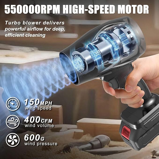 Electric Cordless Leaf Blower 550000RPM Lightweight Handheld Dust Blower with 2 Battery &amp Charger Adjustable Speed High-Speed Motor Leaf Blowers for Lawn Care Garage/Patio/Car Cleaning
