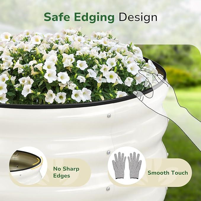 GreatBuddy 2x2x1 ft Round Galvanized Raised Garden Bed Easy-Assembly Raised Bed with Anti-Cut Gloves &amp Tools Rust-Proof Garden Bed for Outdoor Vegetables Herbs Small Trees White