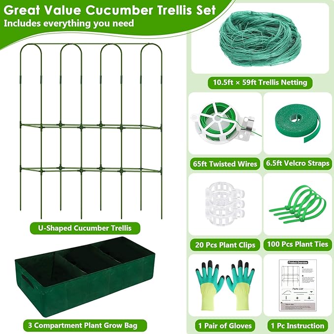 Cucumber Trellis for Climbing Plants with Grow Bag 61 Tall Metal U-Frame Garden Trellis for Raised Bed with Garden Netting and Plant Clip Plant Ties for Vegetables Squash Pea Grape
