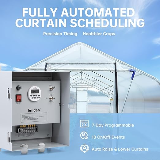 Briidea Greenhouse Roll Up Motor Timer Controller 7-Day Programmable AC110V to DC24V Transformer Auto/Manual Modes Dual Output for Side &amp Roof Curtain Film Roll-Up IP65 Waterproof