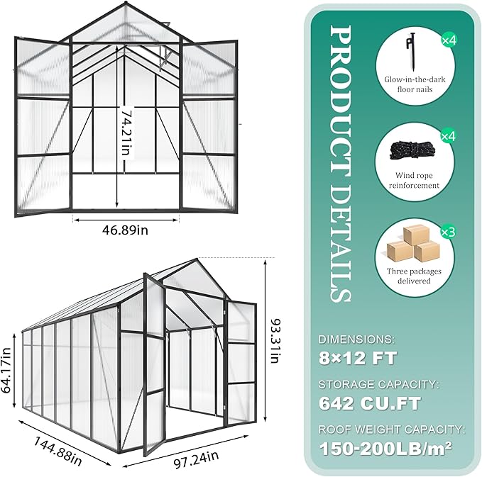 Greenhouse for Outdoors 8x12x7.8FT Polycarbonate Greenhouse with Stronger Wind Protection and Roof Vent Walk-in Large Aluminum Sunroom Winter Proof Black