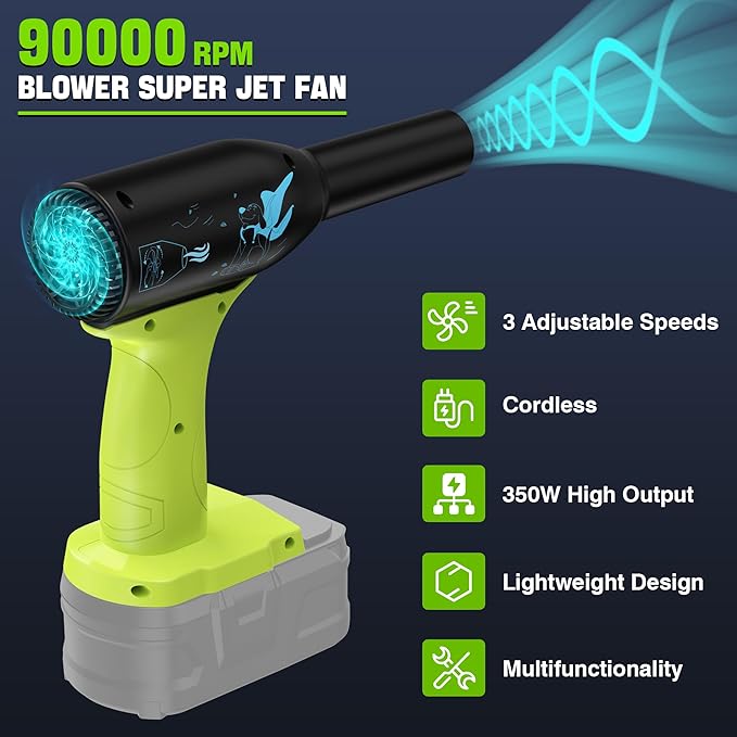 Jet Dry Mini Blower Jet Fan 3 Adjustable Wind Speeds for Ryobi 18V Li-ion Battery Cordless Mini Fan Compressed Air Duster for DryingCleaningLeaf Blower(No Battery)