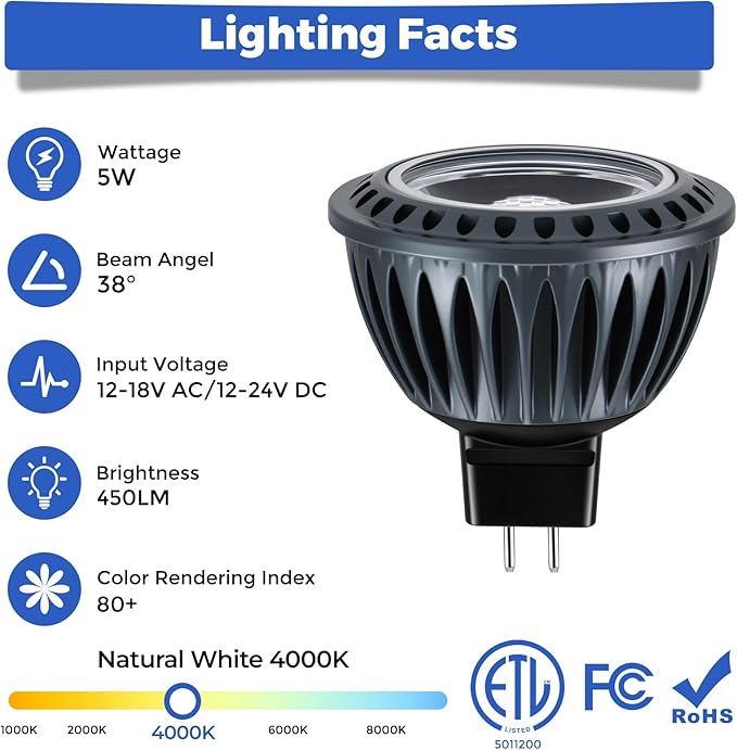 Gardencoin MR16 LED Light Blub 5W 4000K Netural White 450 Lumens Dimmable Aluminum Housing Low Voltage 12V InputGU5.3 bi-pin Light Bulbs for Landscape &ampAccent Lighting Indoor/Outdoor Use6-Pa