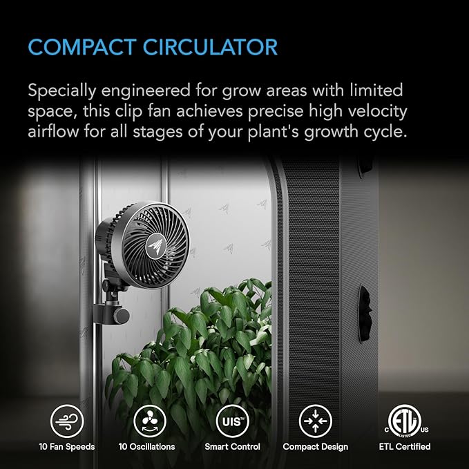 AC Infinity CLOUDRAY S4 Ultra-Compact Grow Tent Clip Fan 4” Precision 10 Dynamic Wind Speeds 10-Level Oscillation Weatherproof IP-54 Specialized High-Velocity Circulation for Small Grow Spaces