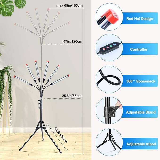 6Head Grow Light on Stand for Large and Tall Indoor Plants Bonsai Tree Bright and Big Coverage Plant Growing Lamps 4/8/12/16/20H Timer 54 Watt Power Draw NO Need Adapter 360° Gooseneck