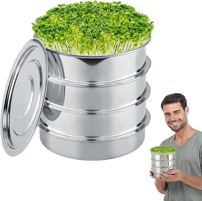Stainless Steel Seed Sprouting Kit - 4-tier Microgreens Growing Tray 6in Dia Stackable Round Seed Sprouter Maker with Encrypted Mesh Sprouts Grower for Beans Broccoli Alfalfa Seeds Wheat Grass