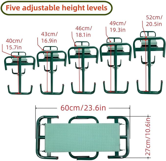 Garden Kneeler and Seat Height Adjustable Foldable Gardening Stool Bench with 2 Tool Pouches for Kneeling Sitting Gardening Gifts for Women Mom Men Seniors Kneeling Pad (Green)
