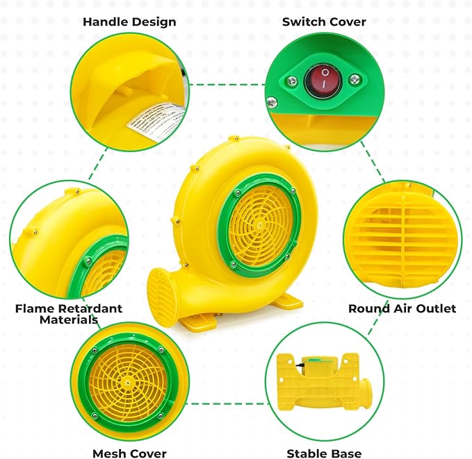 Bounce House Blower Air Blower for Bounce House Water Slide &amp Inflatable–IPX4 Waterproof PP Shell 110-120V with 4 StakesBullet-750W