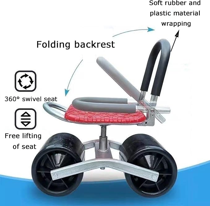 Garden Stool with Wheels 20-33cm Adjustable HeightRolling Gardening Helper Bearing 150kgfor Orchards Farms(Red)