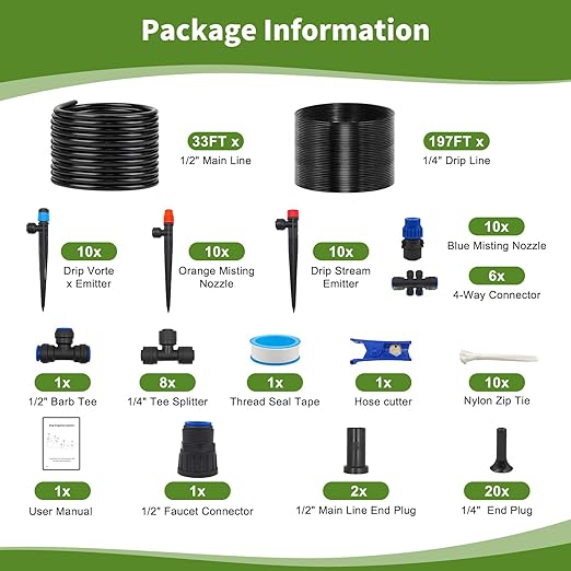 230FT Drip Irrigation System for Garden with 40 Nozzles &amp Emitters Garden Watering System with 1/2 &amp 1/4 Tube Adjustable Sprinklers Kit for Greenhouse Lawn Flower Beds Raised Bed