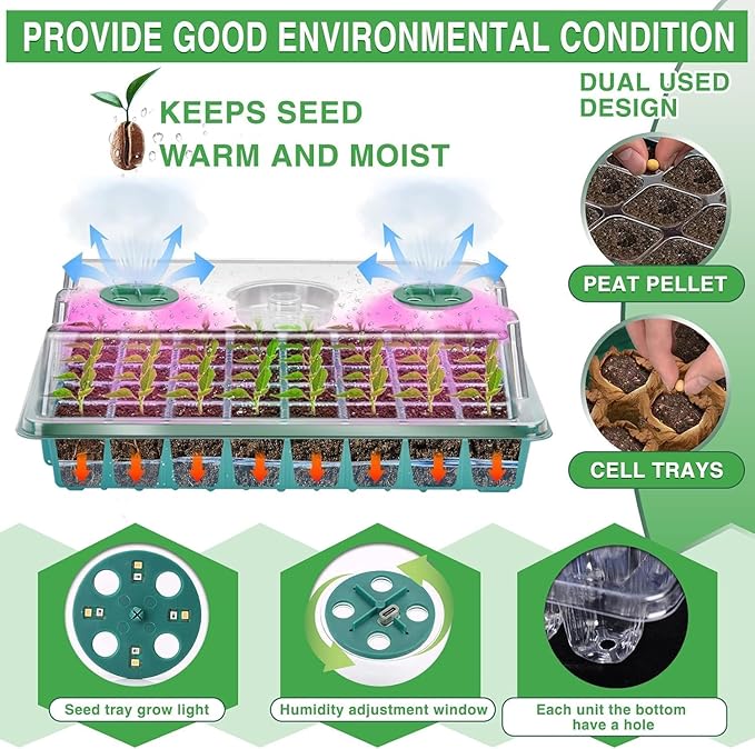YAUNGEL Seed Starter Tray with Grow Light Seed Starter Kit with Timing Controller Adjustable Brightness80 Cells Seed Starter Tray for Indoor Planting with Humidity Domes Heightened Lids 2 Pack