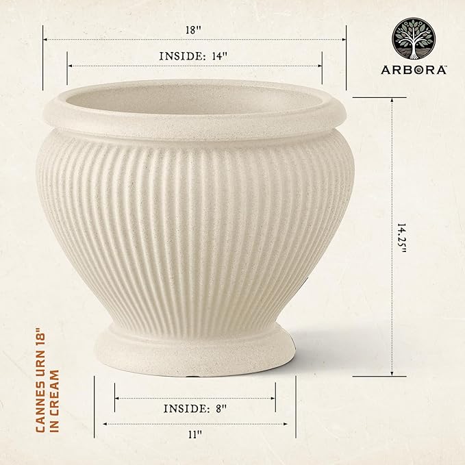 ARBORA 18 Cannes Urn Polyresin Indoor and Outdoor Planter with Classic Cream Finish - Durable Weatherproof Lightweight Large Plant Pot for Patio Garden Deck Entryway