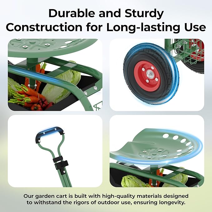Pro 360° Swivels Garden Cart Workseat – Heavys-Duty Rolling Stool with 10” All-Terrain Tires Foldable Design &amp Tool Tray – Perfect for Gardening Yard Work and Outdoor Chores Green